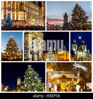 Collage di simboli di Praga in inverno con il mercato di Natale e albero, Repubblica Ceca Foto Stock