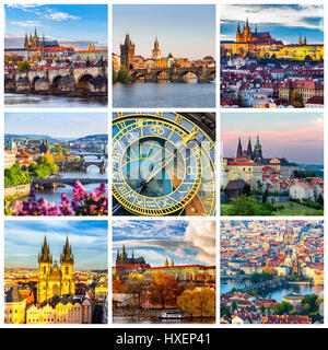 Collage di simboli di Praga. Charles Bridge, la Cattedrale di San Vito, Orloj Orologio Astronomico, la Chiesa di Nostra Signora di Tyn nella città vecchia di Praga, Czec Foto Stock