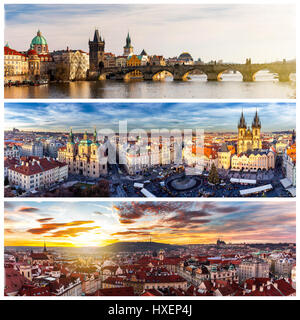 Collage di simboli di Praga. Charles Bridge, la Cattedrale di San Vito, Orloj Orologio Astronomico, la Chiesa di Nostra Signora di Tyn nella città vecchia di Praga, Czec Foto Stock