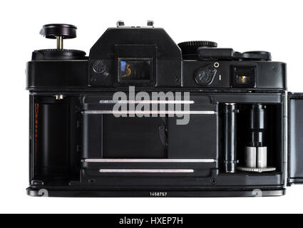 Vintage Leica R3 Electronic 35mm Pellicola SLR Fotocamera da 1976 con pellicola posteriore vano aperto. Foto Stock