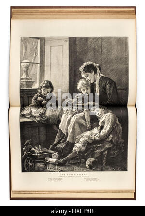 A doppia pagina illustrazione da 'La grafica' quotidiano (1874) intitolata "L' convalescenti da Henry boschi RA che mostra un infermiere prendersi cura di un bambino malato Foto Stock