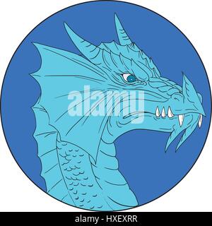 Disegno stile sketch illustrazione di una testa di un arrabbiato blue dragon visto dal lato impostato all'interno del cerchio su sfondo isolato. Illustrazione Vettoriale