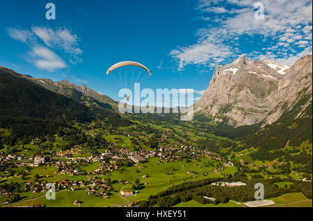 Parapendio al di sopra di Grindelwald, montagne nella parte anteriore del Wetterhorn e primo, Oberland bernese, il Cantone di Berna, Svizzera Foto Stock