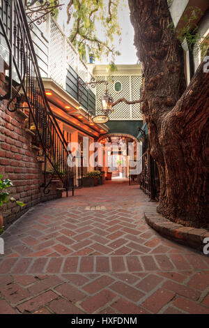 Laguna Beach, CA, Stati Uniti d'America - 26 Marzo 2017: cortile giardino con posti a sedere e di vita della pianta al di fuori del Watermarc ristorante e la Rue du Chocolat shop in L Foto Stock