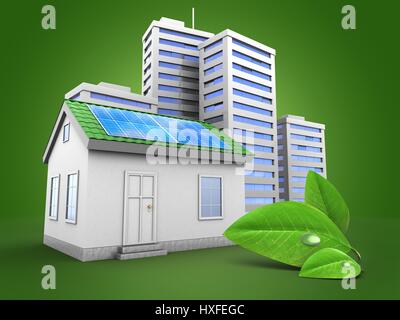 3d illustrazione della casa verde su sfondo verde con la città e le foglie Foto Stock