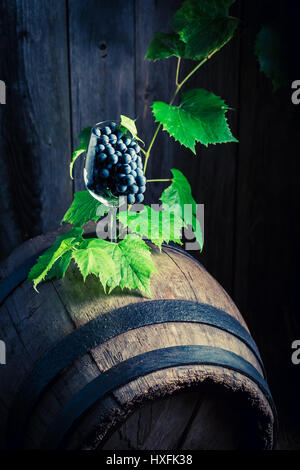 Uve e vigneti in un bicchiere di vino in un barile vecchio Foto Stock