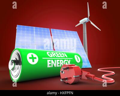 3d illustrazione della batteria su sfondo rosso con energia eolica e solare e cavo di alimentazione Foto Stock