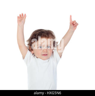 Adorable baby con le mani alzate per chiedere la parola isolata su uno sfondo bianco Foto Stock