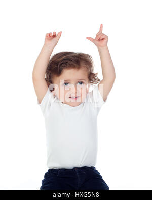 Adorable baby con le mani alzate per chiedere la parola isolata su uno sfondo bianco Foto Stock