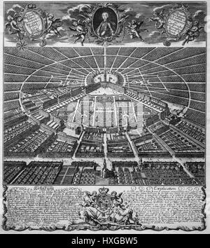 Vista del royal città residenziale di Karlsruhe - vista sud, da Christian Thran. Karlsruhe 1739 incisione su rame Deutsches Historisches Museum Aeria Foto Stock