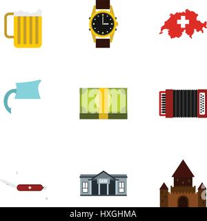 Attrazioni della Svizzera set di icone di stile di Piana Illustrazione Vettoriale