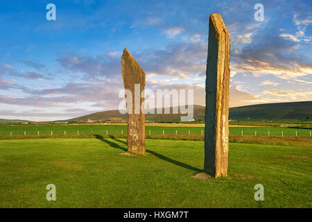 Neolitico pietre permanente di Stenness, Isola di Orkney, Scozia Foto Stock