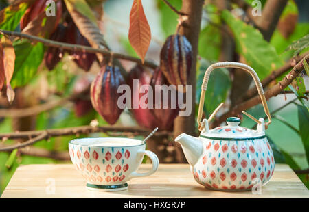 Naturale di cioccolata calda tazza di bevanda sul tavolo di legno con blur albero di cacao soleggiata di sfondo la luce del giorno. Foto Stock