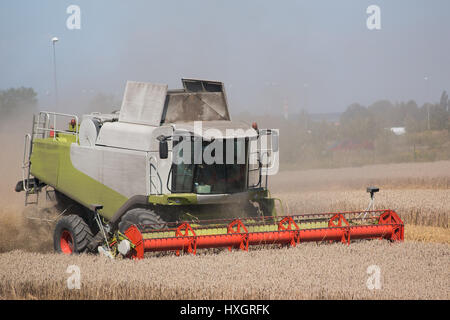 Verde Rosso raccolta di lavoro mietitrebbia nel campo di grano in Repubblica ceca Foto Stock