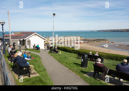 I turisti seduti lungo il lungomare nella piccola città di New Quay Galles Foto Stock