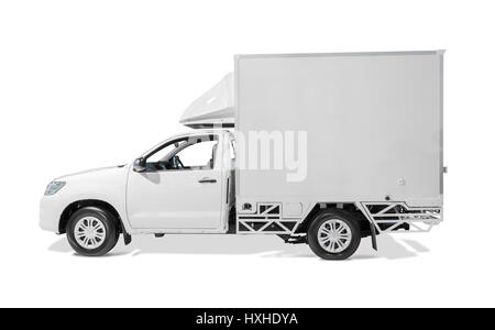 Bianco consegna carrello con i lati vuoti delle pagine pronte per il testo personalizzato o loghi isolato su sfondo bianco con tracciato di ritaglio Foto Stock
