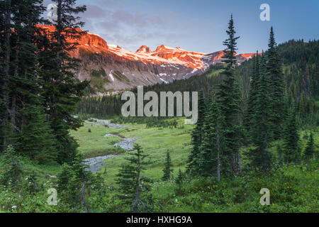 Sunrise su Little Tahoma Peak e la Whitman Crest sulla barra indiano, Wonderland Trail, il Parco Nazionale del Monte Rainier. Foto Stock