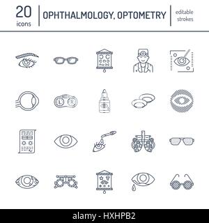 Oftalmologia, occhi health care le icone della linea. Optometria attrezzature, lenti a contatto, bicchieri, cecità. La correzione di visione lineare sottile indicazioni per oculista c Illustrazione Vettoriale