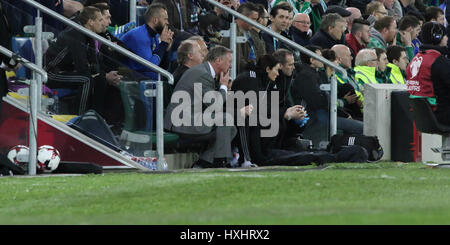 Stadio Nazionale al Windsor Park di Belfast. Il 26 marzo 2017. 2018 World Cup Qualifier - Irlanda del Nord 2 Norvegia 0. Irlanda del Nord manager Michael O'Neill (adatto a sinistra) concentrandosi sul match. Foto Stock