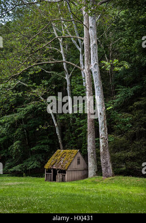 Piccolo vecchio capannone di pecora in una fattoria storica in Bucks County, Pennsylvania, USA, Pa immagini agricoltura verticale US, giardino capannone primavera pt Foto Stock