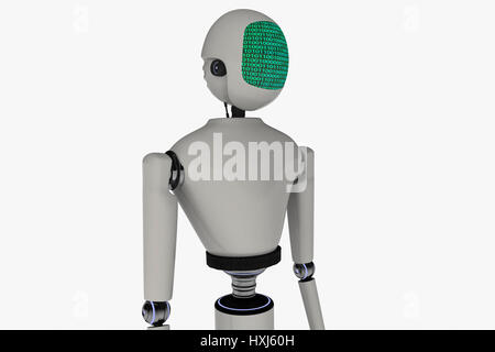 Un moderno robot visualizzando un codice binario Foto Stock