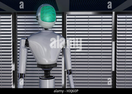 Un moderno robot visualizzando un codice binario Foto Stock