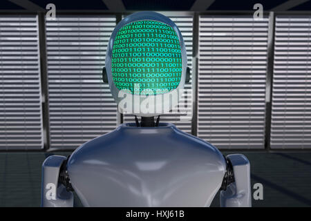 Un moderno robot visualizzando un codice binario Foto Stock