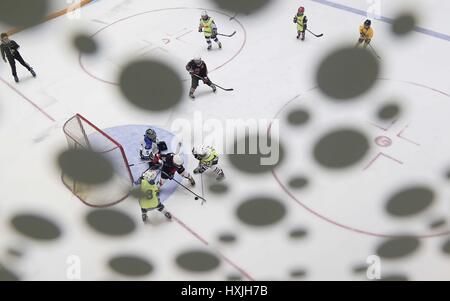 (170329) -- CHENGDU, Marzo 29, 2017 (Xinhua) -- ragazzi giocare a hockey su ghiaccio in una pista di pattinaggio su ghiaccio situato in un centro commerciale a Chengdu, capitale del sud-ovest della Cina di provincia di Sichuan, Feb 25, 2017. Negli ultimi anni, gli sport invernali sono più e più popolare nel sud e ovest della Cina. Il governo della provincia del Sichuan si integra gli sport invernali, di svago e di esercizio e di ghiaccio e neve turismo, incoraggiando le risorse sociali investire nella costruzione di luoghi e classi di apertura di sport invernali e di attrarre più e più persone a partecipare a sport invernali. Circa 5 mila le persone a tenere presenti gli sport invernali in Sich Foto Stock