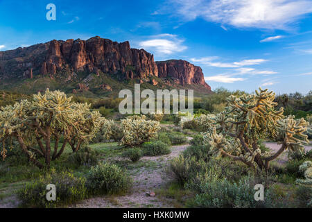 Il Superstition Mountains su Apache Trail a est di Mesa in Arizona, Stati Uniti d'America. Foto Stock