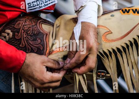 Relazione sulla rodeo piloti e ambiente intorno a questo Vaquero sport che ha una grande forza in Sonora. Le immagini di un disco West rodeo giorno in arena Foto Stock