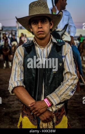 Relazione sulla rodeo piloti e ambiente intorno a questo Vaquero sport che ha una grande forza in Sonora. Le immagini di un disco West rodeo giorno in arena Foto Stock