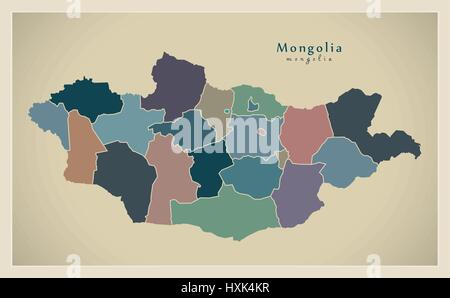 Mappa moderno - Mongolia con province vista politico MN Illustrazione Vettoriale