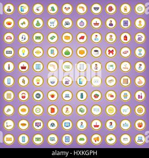 100 shopping online set di icone in stile cartoon Illustrazione Vettoriale