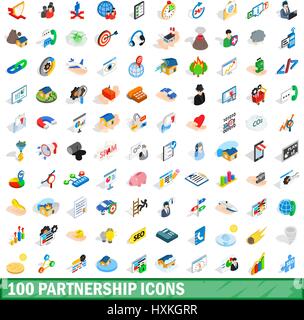 100 partnership set di icone isometrica 3d style Illustrazione Vettoriale