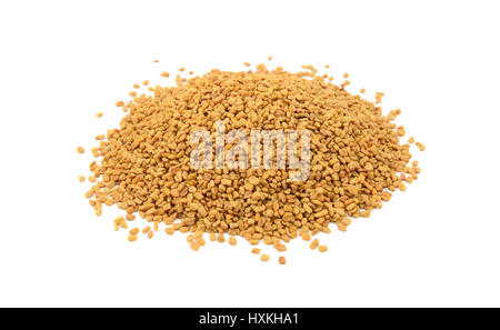 Asciugato fieno greco semi, isolato su uno sfondo bianco Foto Stock