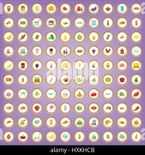 100 supermercato set di icone in stile cartoon Illustrazione Vettoriale