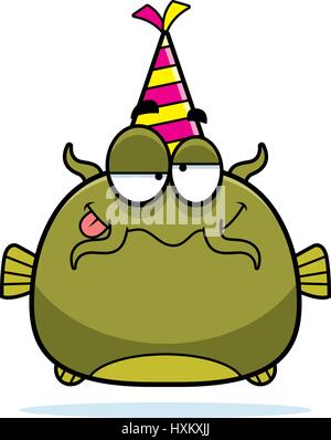 Un cartoon illustrazione di un pesce gatto con un party hat cerca ubriaco. Illustrazione Vettoriale