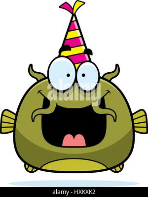 Un cartoon illustrazione di un pesce gatto con un party hat cercando felice. Illustrazione Vettoriale