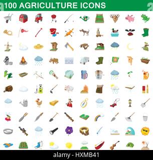 100 Agricoltura set di icone, stile cartoon Illustrazione Vettoriale