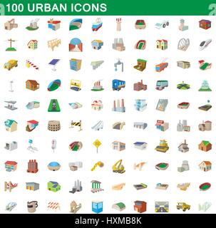 100 urbano set di icone, stile cartoon Illustrazione Vettoriale