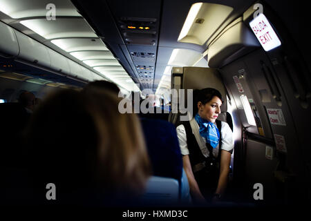 Una hostess sul lavoro è guardando fuori dal piano di Scandinavian Airlines / Ibreria volo tra Copenhagen, Danimarca e a Barcellona, Spagna. Foto Stock