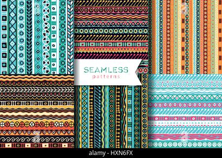 Set di vettore di seamless pattern. Stile Boho. Sfondo etnico. Arte Tribale stampa. Illustrazione Vettoriale