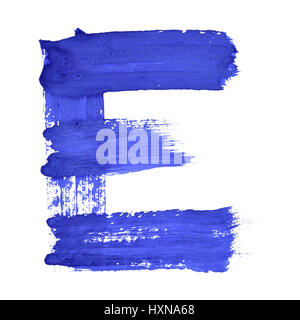 E - blu lettere scritte a mano su sfondo bianco Foto Stock