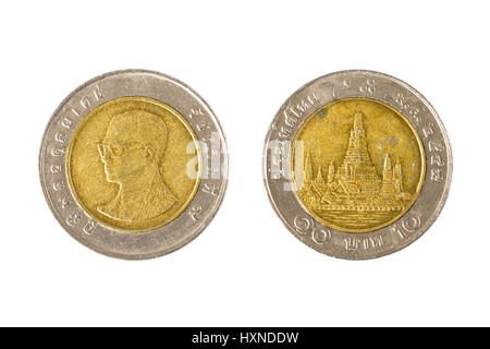 10 Thai baht coin fronte e retro su sfondo bianco Foto Stock