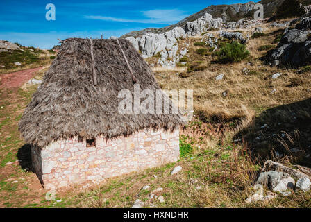 Capanna di pietra con il tetto di paglia in Saliencia Valley. Somiedo, Principato delle Asturie, Spagna, Europa Foto Stock