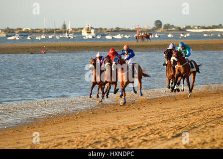 Corsa di cavalli sulla spiaggia di Sanlúcar de Barrameda. Sanlúcar de Barrameda, Cadice, Andalusia, Spagna, Europa Foto Stock