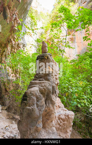 Grande stalagmite a fondo la Garganta Verde, luogo chiamato Ermita, Sierra de Grazalema Parco Naturale; Andalusia, Spagna Foto Stock