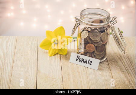 Soldi risparmi jar concetto motivazionale su tavola di legno con giallo daffodil fiore Foto Stock