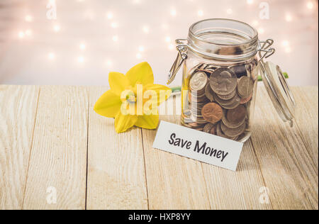 Soldi risparmi jar concetto motivazionale su tavola di legno con giallo daffodil fiore Foto Stock