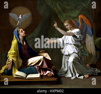 L'Annunciazione 1657 Nicolas Poussin 1594 - 1665 Francia rinuncia Annunciazione, beata, Vergine Maria, l'annuncio da parte dell'angelo Gabriele, Maria che avrebbe concepito, portare un figlio attraverso una, vergine nascita, diventare la, madre di Gesù Cristo, Messia cristiana e Figlio di Dio, Incarnazione, Foto Stock